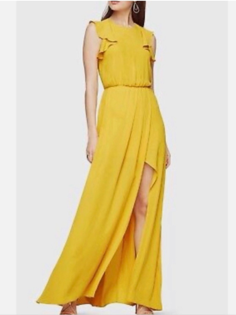 BCBGMaxAzria Yellow Ruffle-Shoulder Maxi Dress with Front Slit